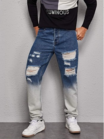 Men Colorblock Ripped Straight Leg Jeans