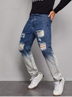 Men Colorblock Ripped Straight Leg Jeans