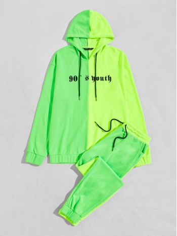 Men Letter Graphic Drop Shoulder Neon Hoodie & Drawstring Sweatpants Set