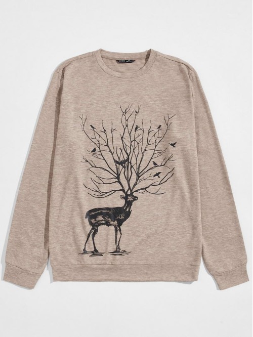 Men Deer and Bird Print Pullover