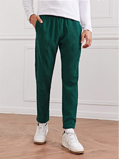 Men Solid Drawstring Waist Corduroy Pants