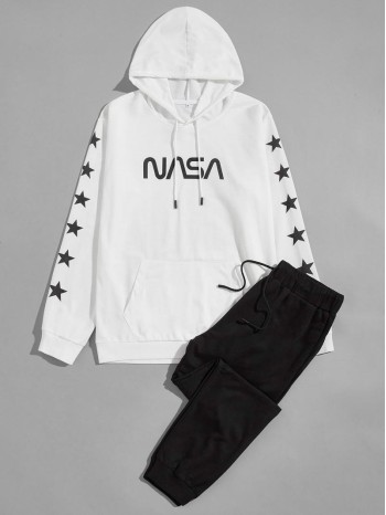 Men Letter Graphic Drawstring Hoodie & Sweatpants