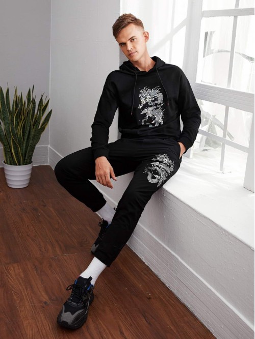 Men Drop Shoulder Chinese Dragon Drawstring Hoodie & Joggers Set