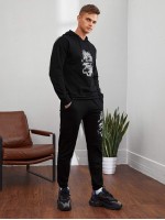 Men Drop Shoulder Chinese Dragon Drawstring Hoodie & Joggers Set