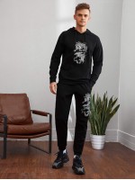 Men Drop Shoulder Chinese Dragon Drawstring Hoodie & Joggers Set