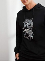 Men Drop Shoulder Chinese Dragon Drawstring Hoodie & Joggers Set