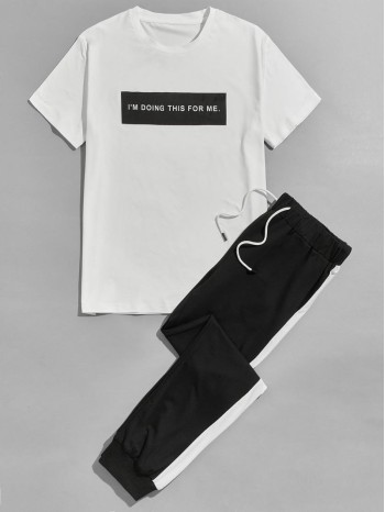 Men Slogan Graphic Two Tone Tee & Sweatpants