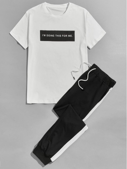 Men Slogan Graphic Two Tone Tee & Sweatpants