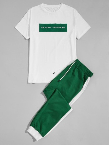 Men Slogan Graphic Two Tone Tee & Sweatpants