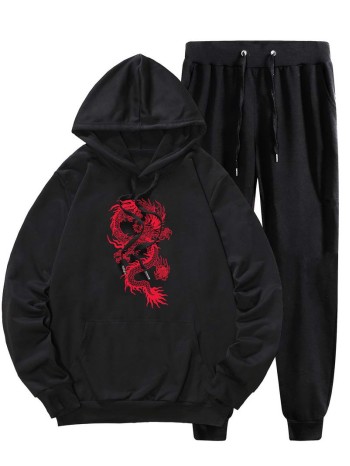 Men Chinese Dragon Print Drawstring Hoodie & Sweatpants