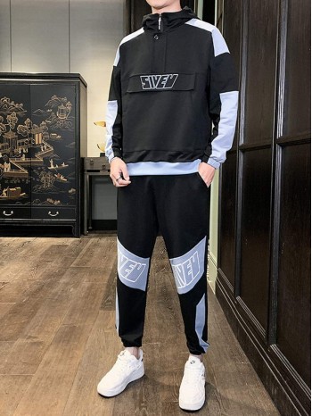 Men Contrast Sideseam Letter Graphic Hoodie With Trousers