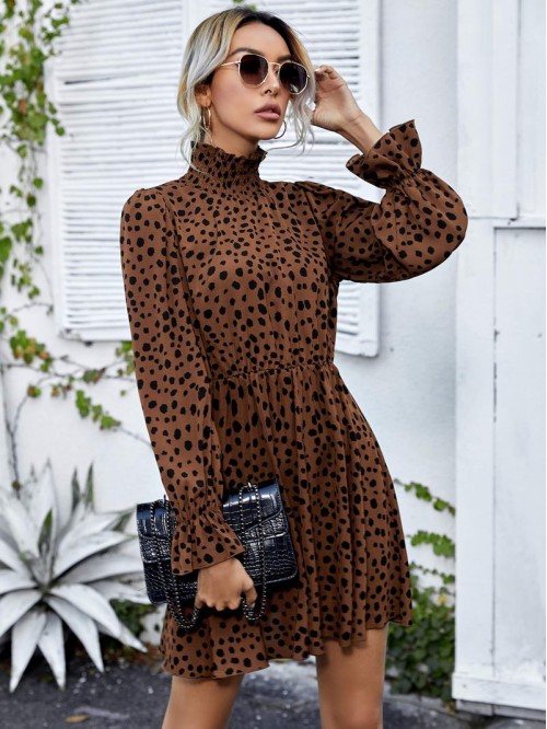 Allover Print Flounce Sleeve Dress