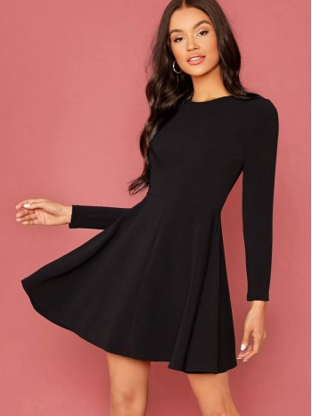 Zipper Back Solid Flare Dress