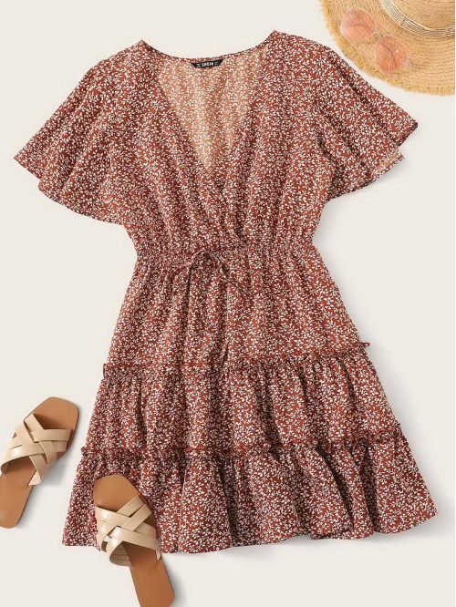 Allover Plants Print Flutter Sleeve Frill Trim Tiered Dress