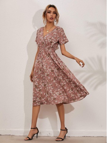 Allover Floral Shirred Wrap A-line Dress