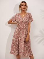 Allover Floral Shirred Wrap A-line Dress