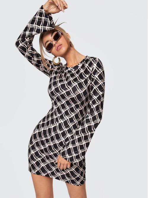 Argyle Print Long Sleeve Fitted Mini Dress