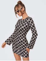 Argyle Print Long Sleeve Fitted Mini Dress