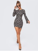 Argyle Print Long Sleeve Fitted Mini Dress