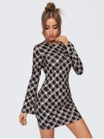 Argyle Print Long Sleeve Fitted Mini Dress