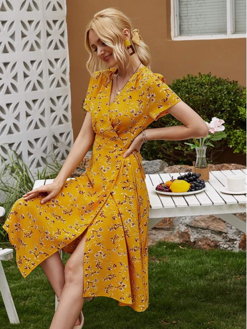 Batwing Sleeve Wrap Knotted Floral Dress