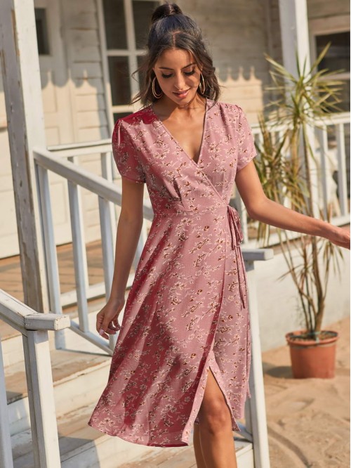 Batwing Sleeve Wrap Knotted Floral Dress