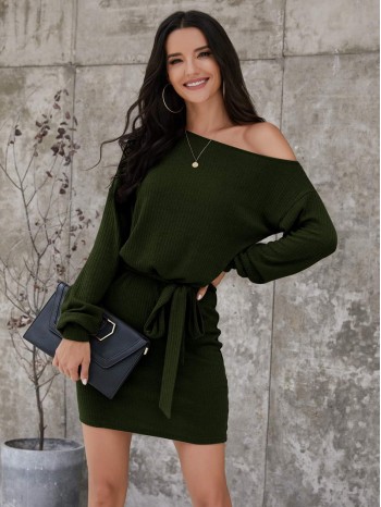 Asymmetrical Neck Rib-Knit Belted Dress