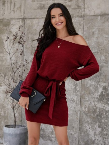 Asymmetrical Neck Rib-knit Belted Dress