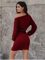 Asymmetrical Neck Rib-knit Belted Dress