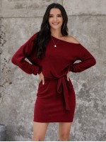 Asymmetrical Neck Rib-knit Belted Dress