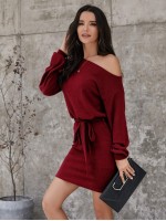 Asymmetrical Neck Rib-knit Belted Dress