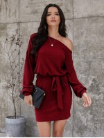 Asymmetrical Neck Rib-knit Belted Dress