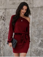 Asymmetrical Neck Rib-knit Belted Dress