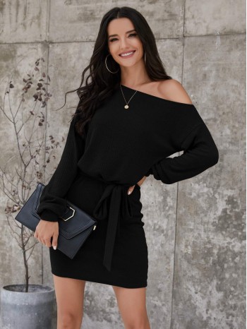 Asymmetrical Neck Self Tie Fitted Dress