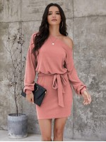 Asymmetrical Neck Rib-knit Belted Dress