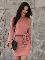 Asymmetrical Neck Rib-knit Belted Dress