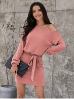 Asymmetrical Neck Rib-knit Belted Dress