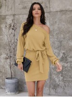 Asymmetrical Neck Self Tie Fitted Dress