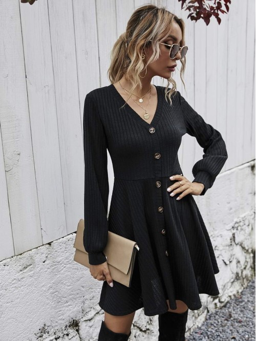 V-neck Button Front Swing Dress