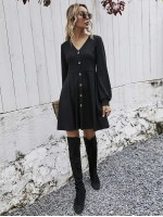 V-neck Button Front Swing Dress