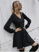 V-neck Button Front Swing Dress