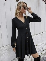 V-neck Button Front Swing Dress