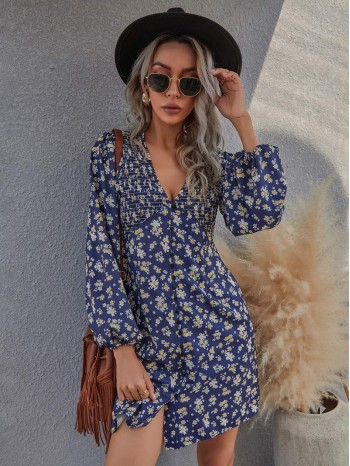 All Over Floral Print Bishop Sleeve Dress