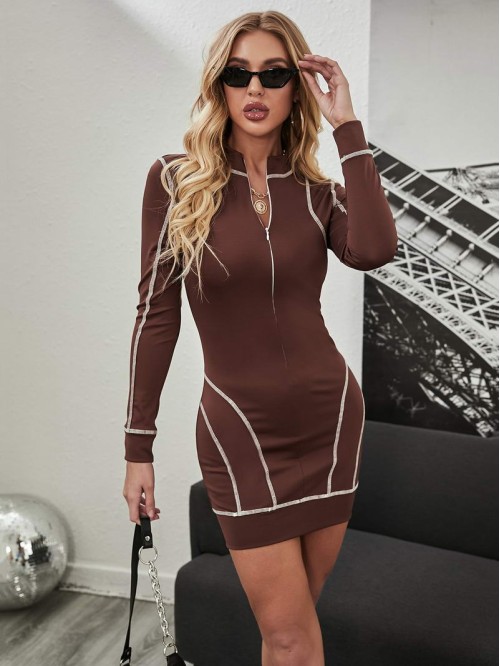 Zip Up Contrast Stitch Bodycon Dress