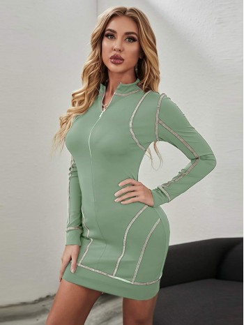 Zip Up Contrast Stitch Bodycon Dress