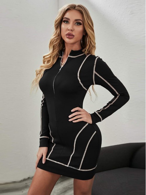 Zip Up Contrast Stitch Bodycon Dress