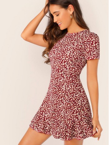 Allover Floral Print Ruffle Hem Textured Dress