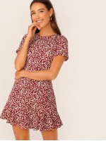 Allover Floral Print Ruffle Hem Textured Dress