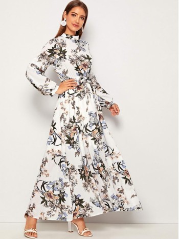 Allover Floral Print Self Tie Swing Maxi One Piece Dress