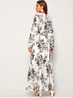 Allover Floral Print Self Tie Swing Maxi One Piece Dress